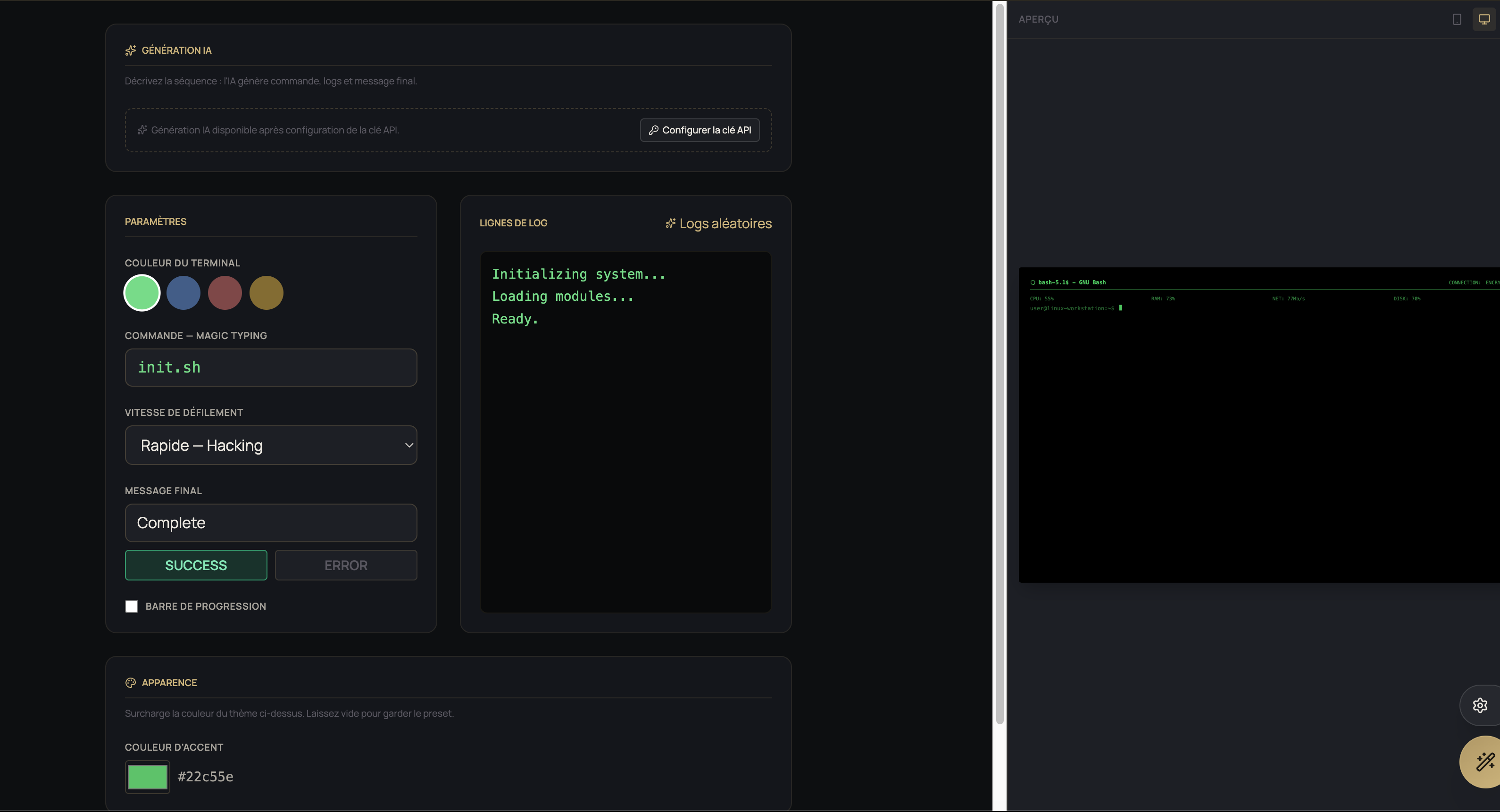 Le terminal : couleur, commande tapée en direct, vitesse de frappe et issue de la séquence. Une section Apparence surcharge le thème au cas par cas.