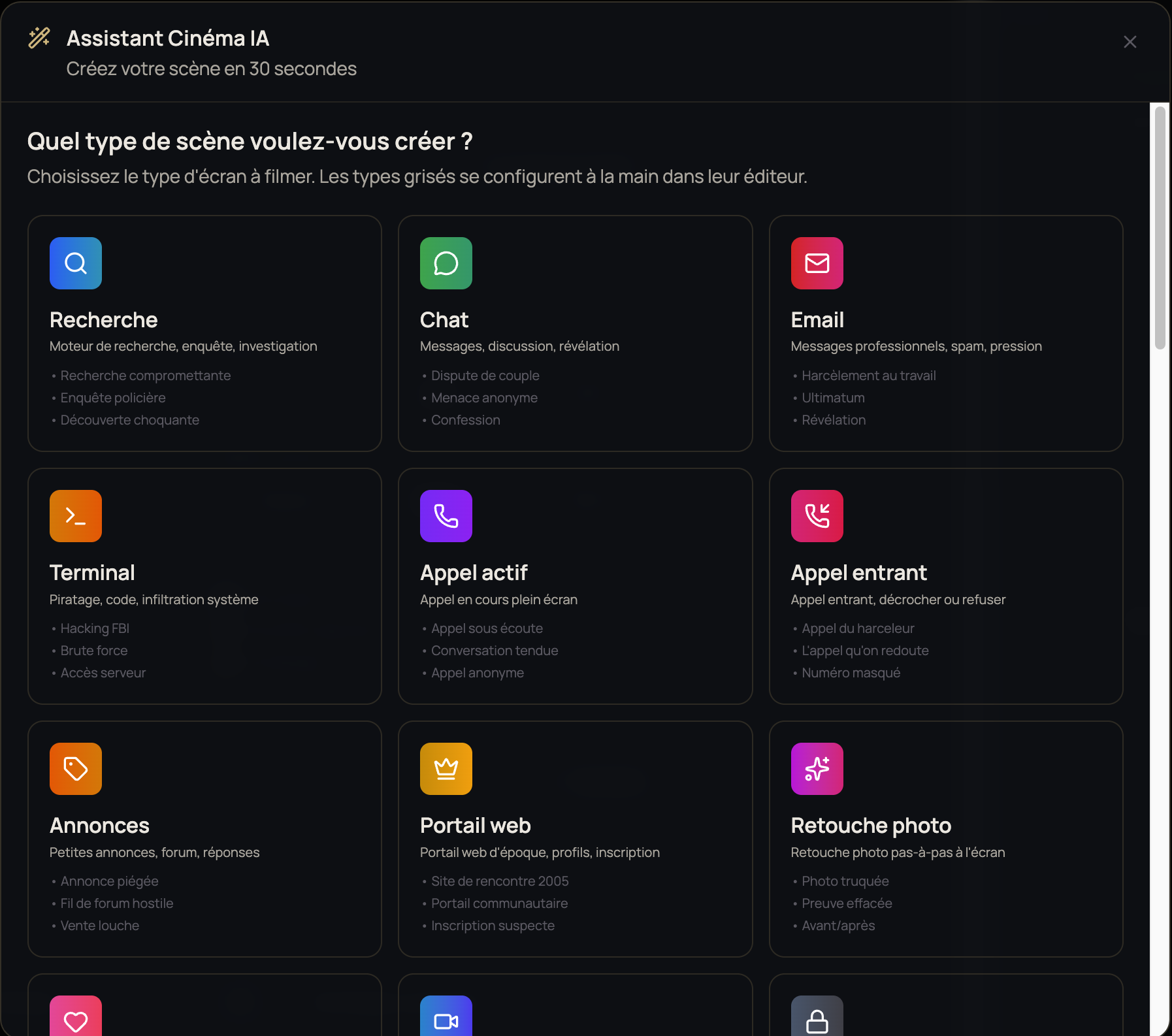 L'assistant décrit une scène en langage naturel et génère la configuration du module correspondant.
